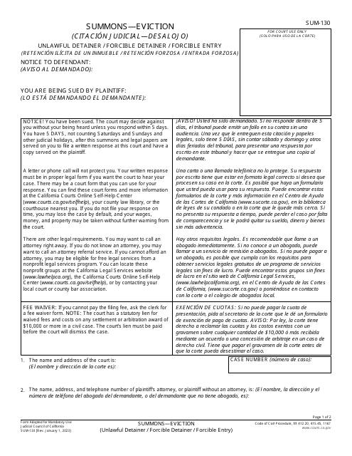 Form SUM-130  Printable Pdf