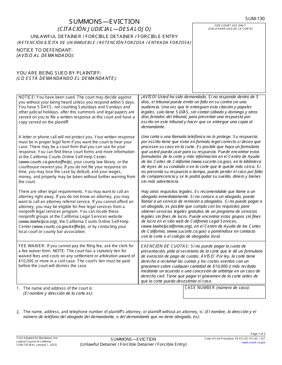 Form SUM-130 Summons - Eviction (Unlawful Detainer / Forcible Detainer / Forcible Entry) - California (English / Spanish), Page 1
