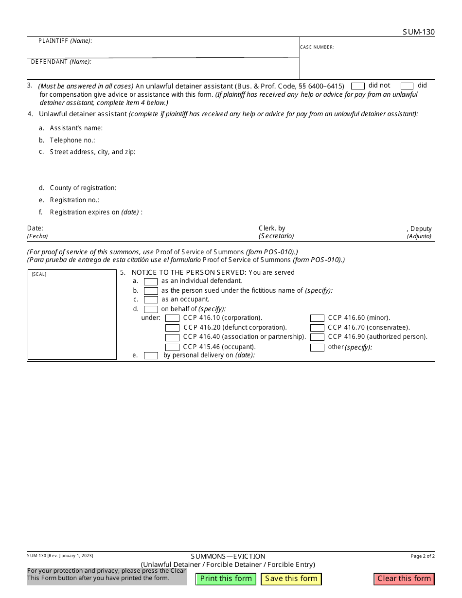 Form SUM-130 Download Fillable PDF Or Fill Online Summons - Eviction ...