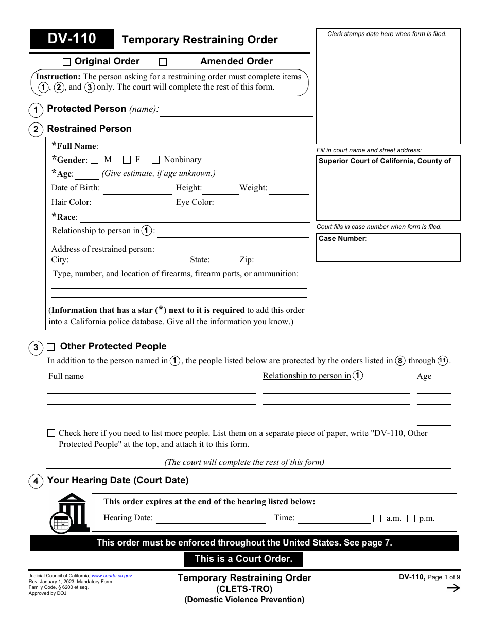 Form DV-110 Download Fillable PDF or Fill Online Temporary Restraining ...