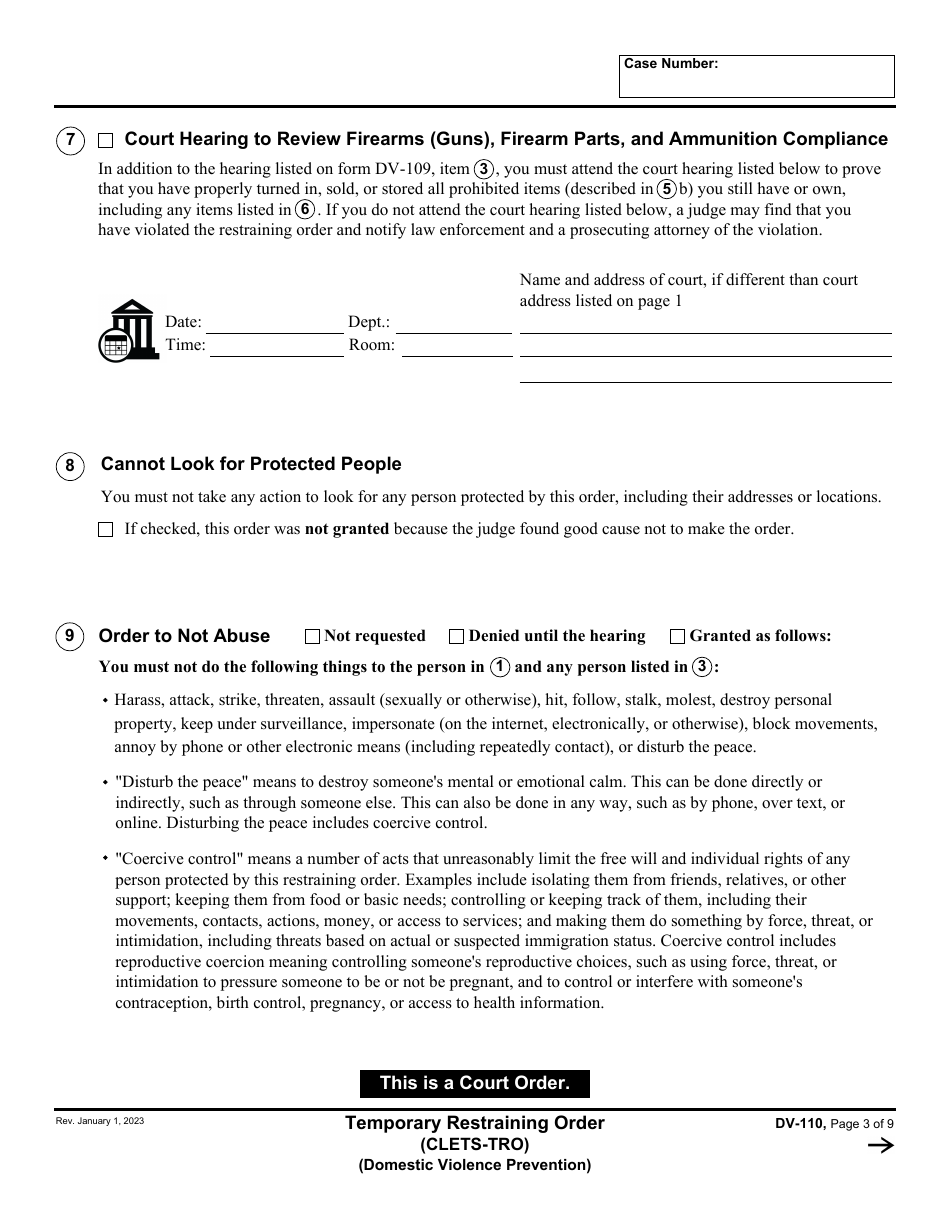 Form DV-110 Download Fillable PDF or Fill Online Temporary Restraining ...