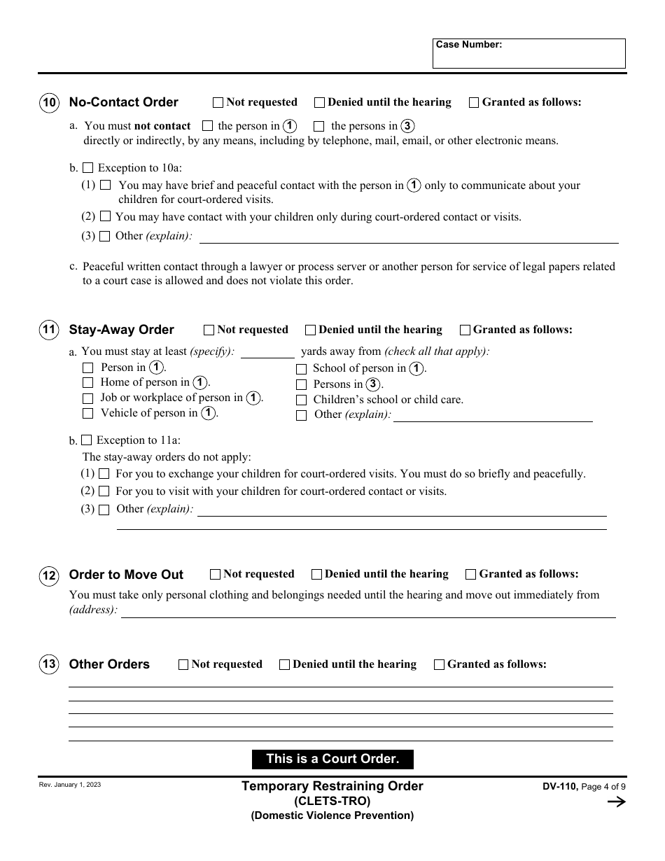 Form DV-110 Temporary Restraining Order (Clets-Tro) - California, Page 4