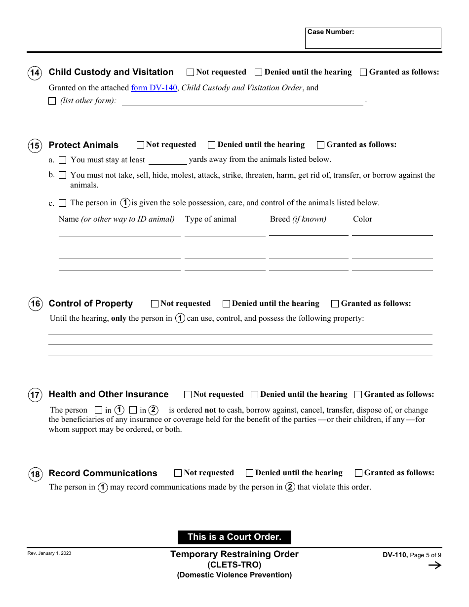 Form DV-110 Temporary Restraining Order (Clets-Tro) - California, Page 5