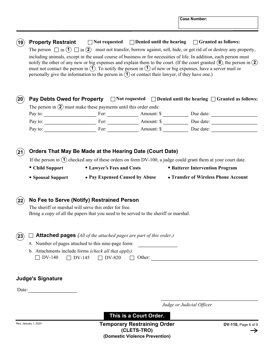 Form DV-110 Temporary Restraining Order (Clets-Tro) - California, Page 6