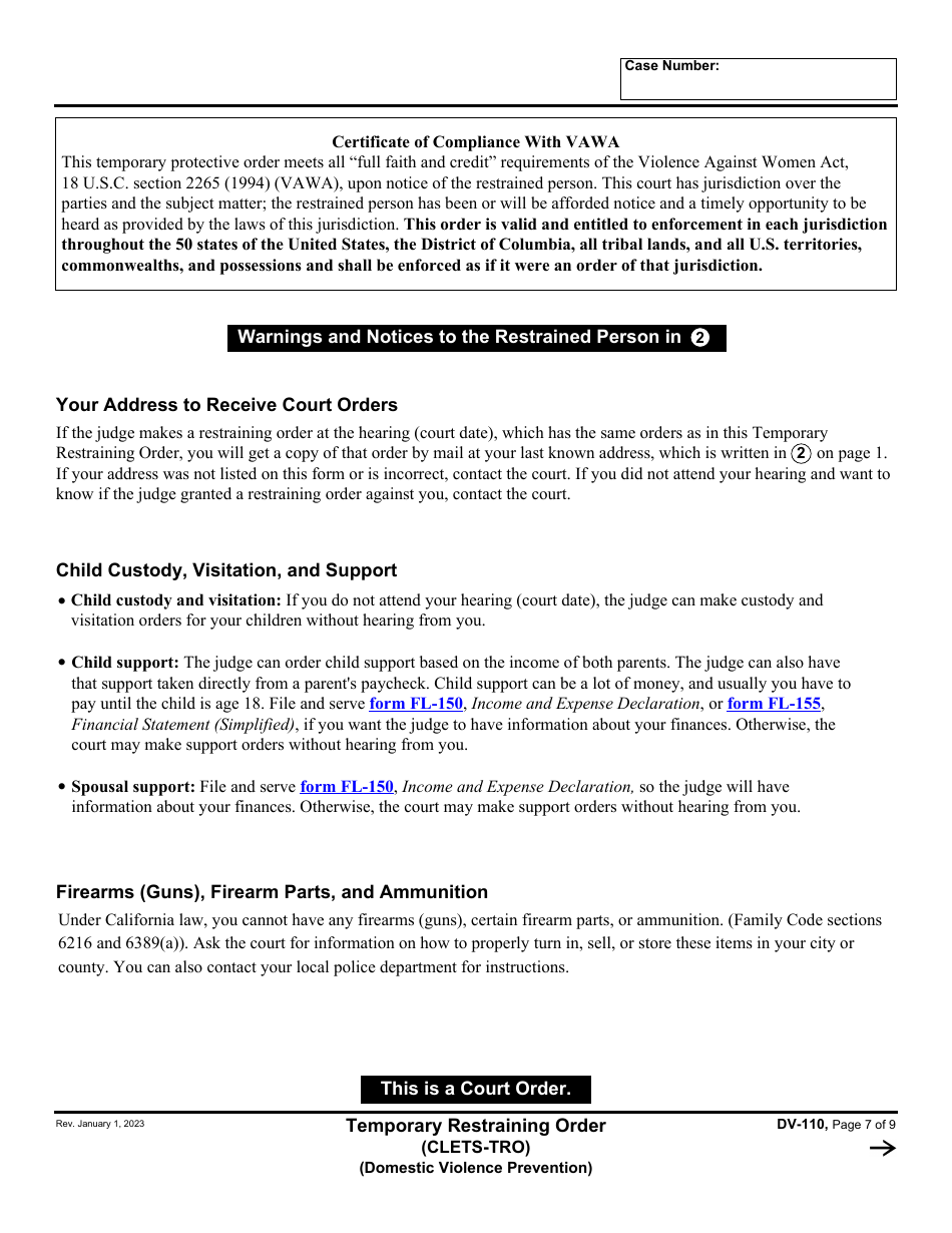 Form DV-110 Temporary Restraining Order (Clets-Tro) - California, Page 7