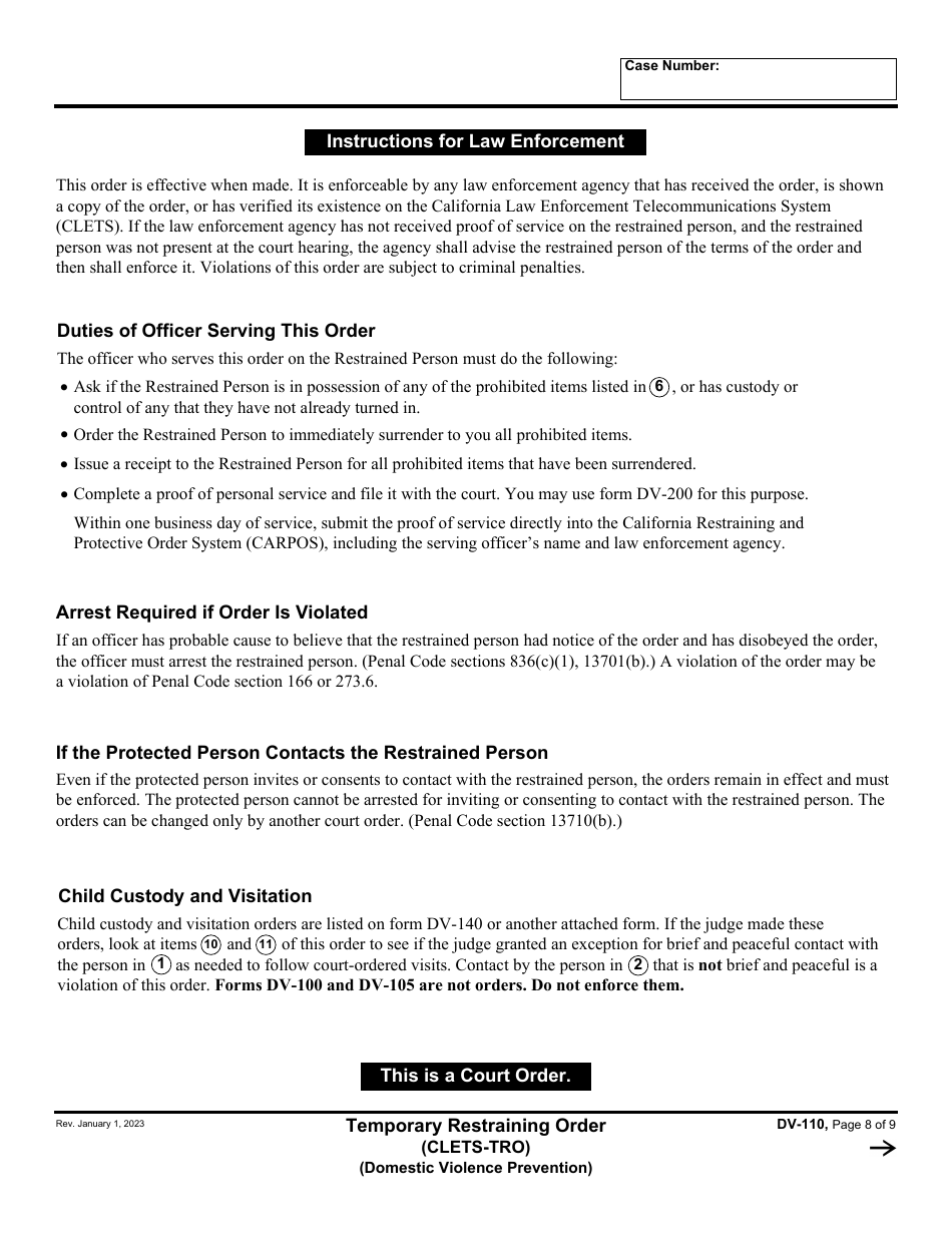 Form DV-110 Temporary Restraining Order (Clets-Tro) - California, Page 8