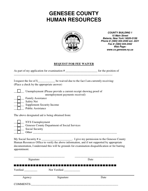Request for Fee Waiver - Genesee County, New York Download Pdf