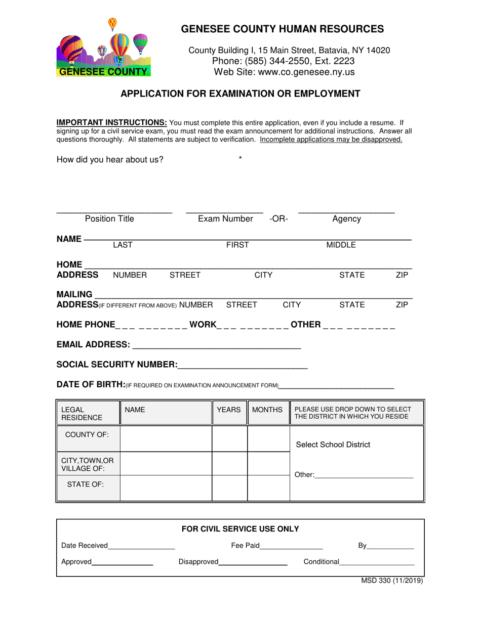 Form MSD330 Application for Examination or Employment - Genesee County, New York, Page 1