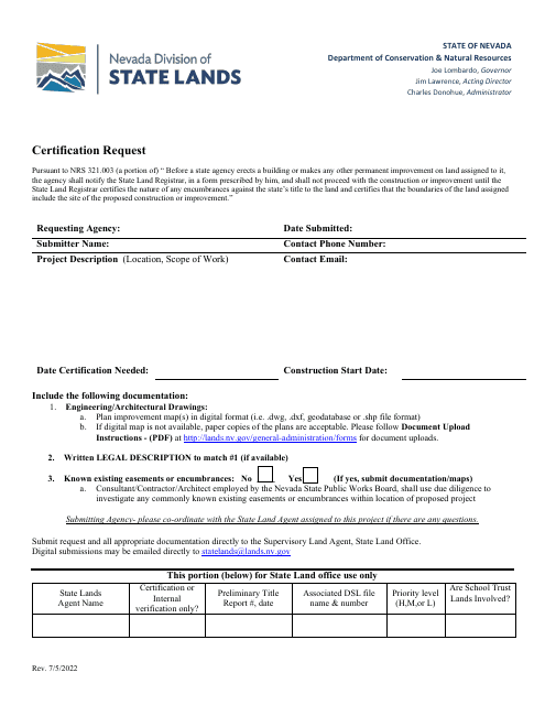 Certification Request Form - Nevada Download Pdf