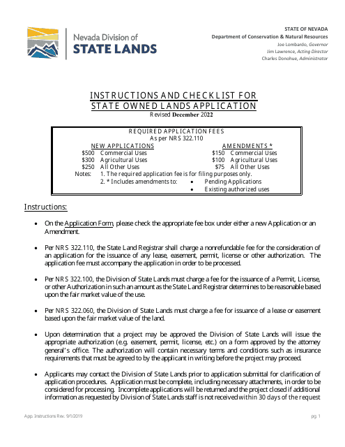 Application for Authorization to Use State Owned Lands - Nevada Download Pdf