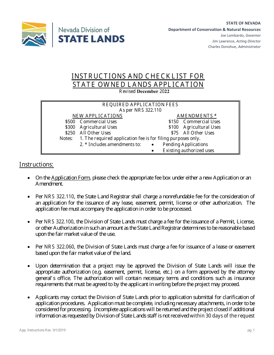 Application for Authorization to Use State Owned Lands - Nevada, Page 1