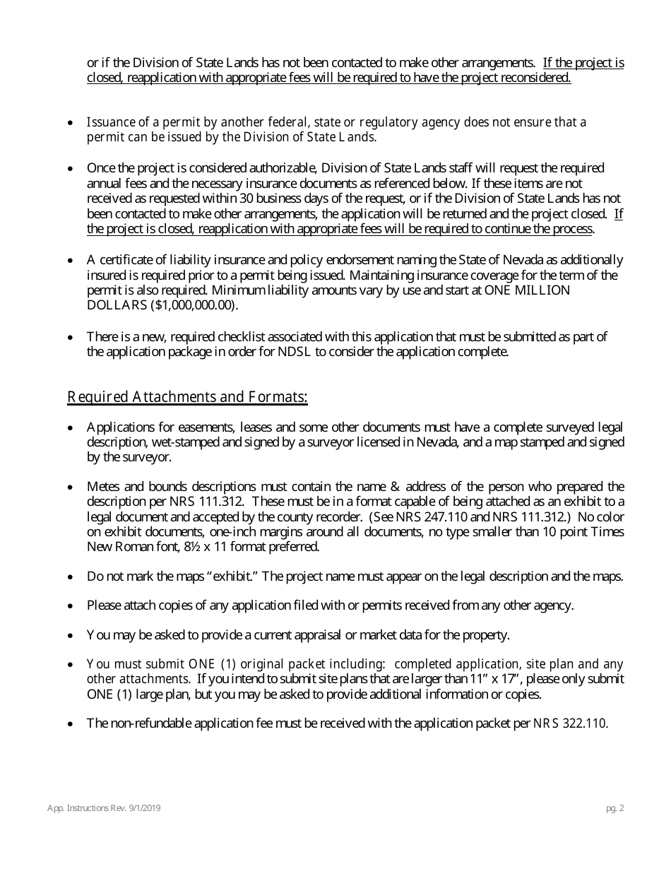 Application for Authorization to Use State Owned Lands - Nevada, Page 2