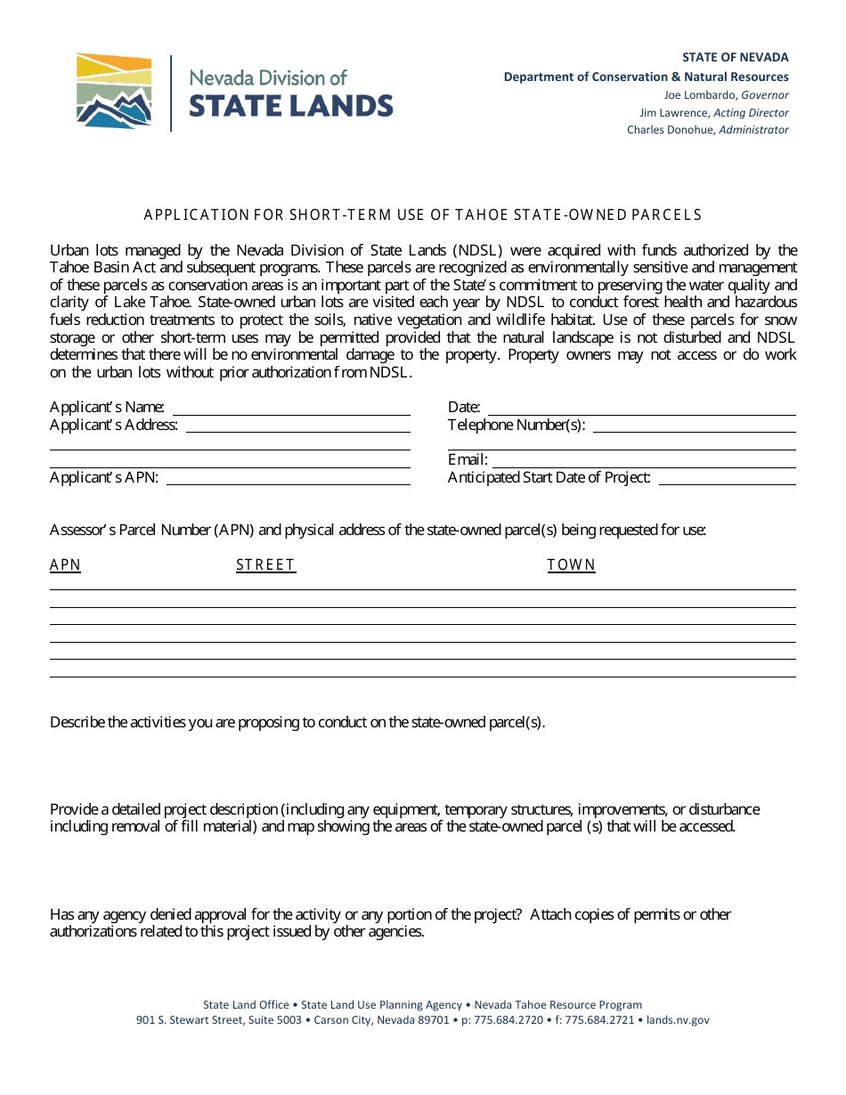 Application for Short-Term Use of Tahoe State-Owned Parcels - Nevada, Page 1