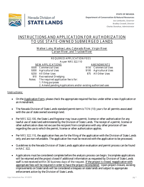 Application for Authorization to Use State-Owned Submerged Lands - Nevada Download Pdf