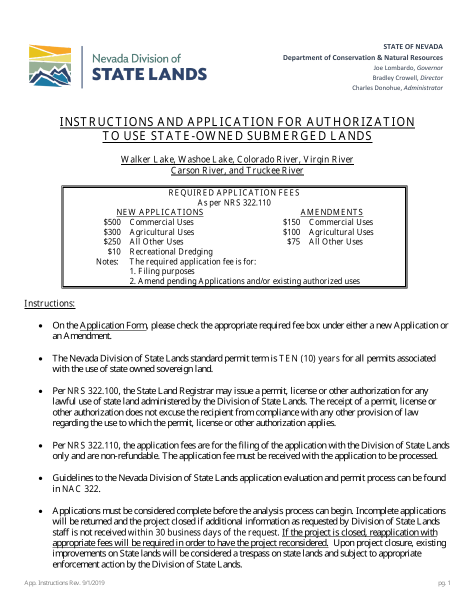 Application for Authorization to Use State-Owned Submerged Lands - Nevada, Page 1