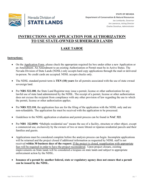 Application for Authorization to Use State-Owned Submerged Lands at Lake Tahoe - Nevada Download Pdf