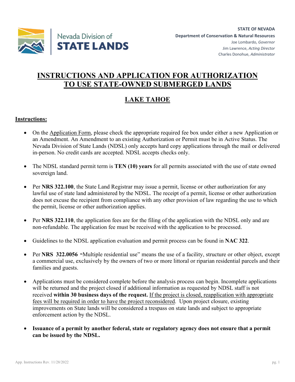 Application for Authorization to Use State-Owned Submerged Lands at Lake Tahoe - Nevada, Page 1