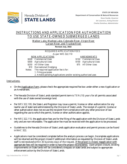 Application for Authorization to Use State-Owned Submerged Lands - Walker Lake, Washoe Lake, Colorado River, Virgin River Carson River, and Truckee River - Nevada Download Pdf