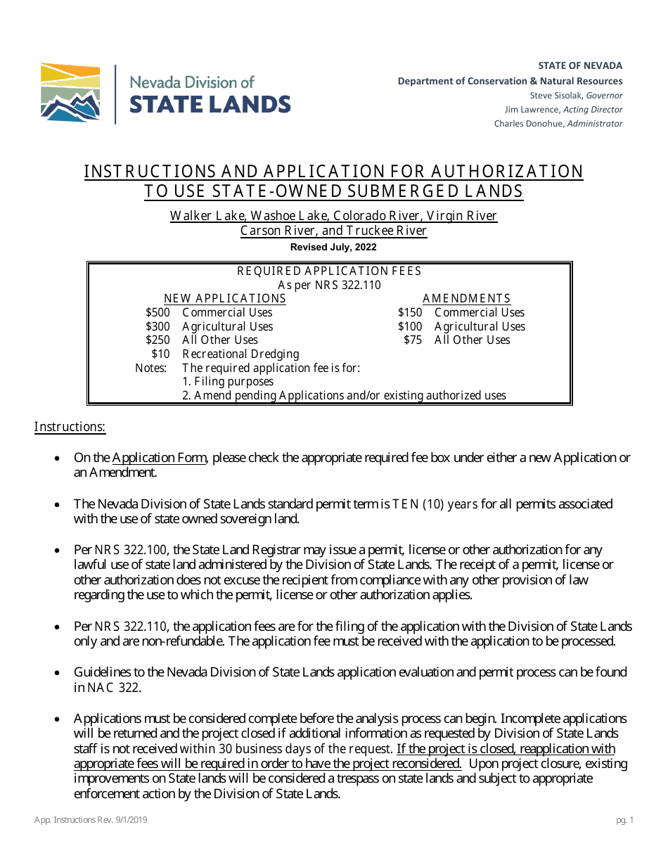 Application for Authorization to Use State-Owned Submerged Lands - Walker Lake, Washoe Lake, Colorado River, Virgin River Carson River, and Truckee River - Nevada, Page 1