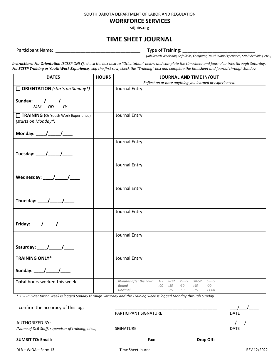 Form 13 Time Sheet Journal - South Dakota, Page 1