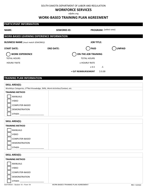 Form 19 Work-Based Training Plan Agreement - South Dakota