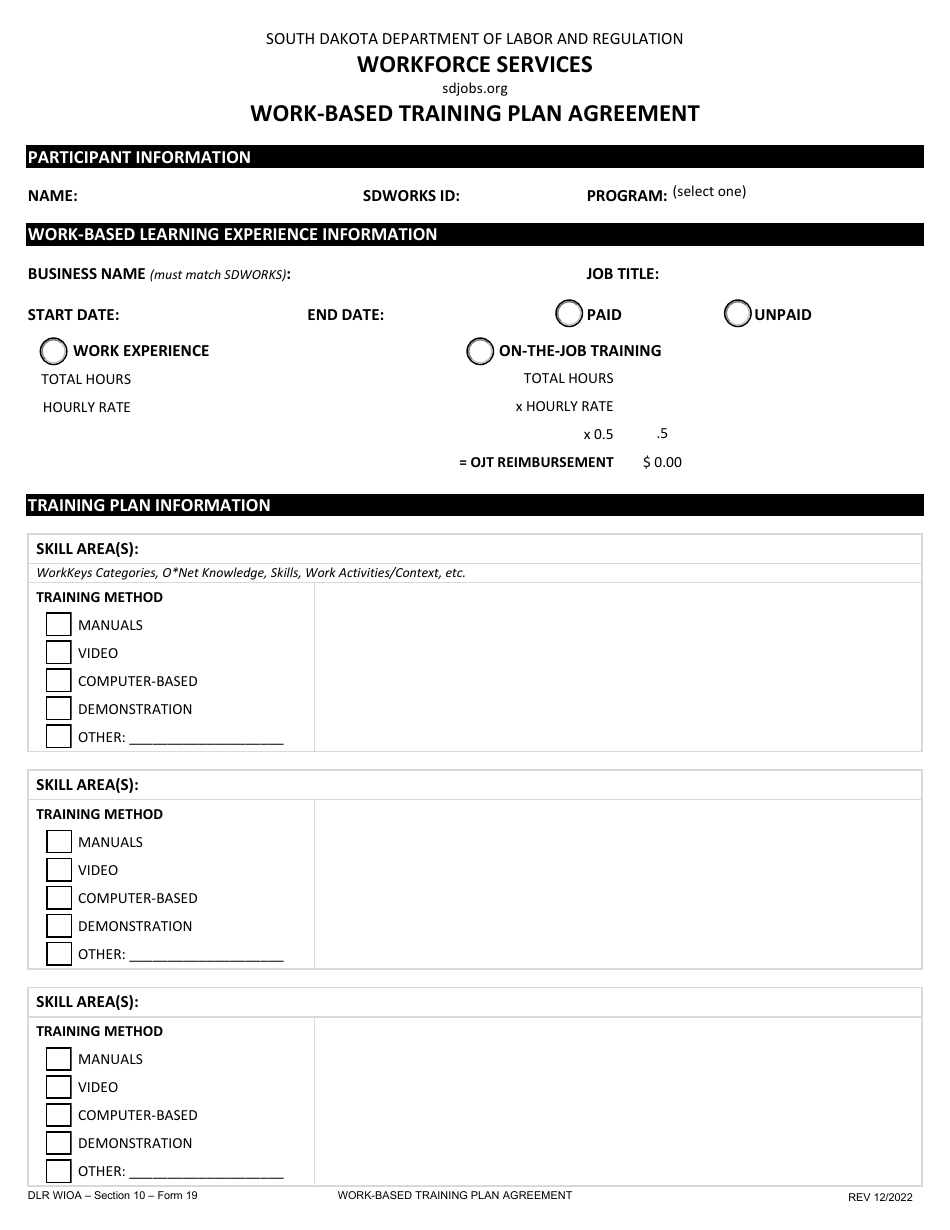 Form 19 Work-Based Training Plan Agreement - South Dakota, Page 1