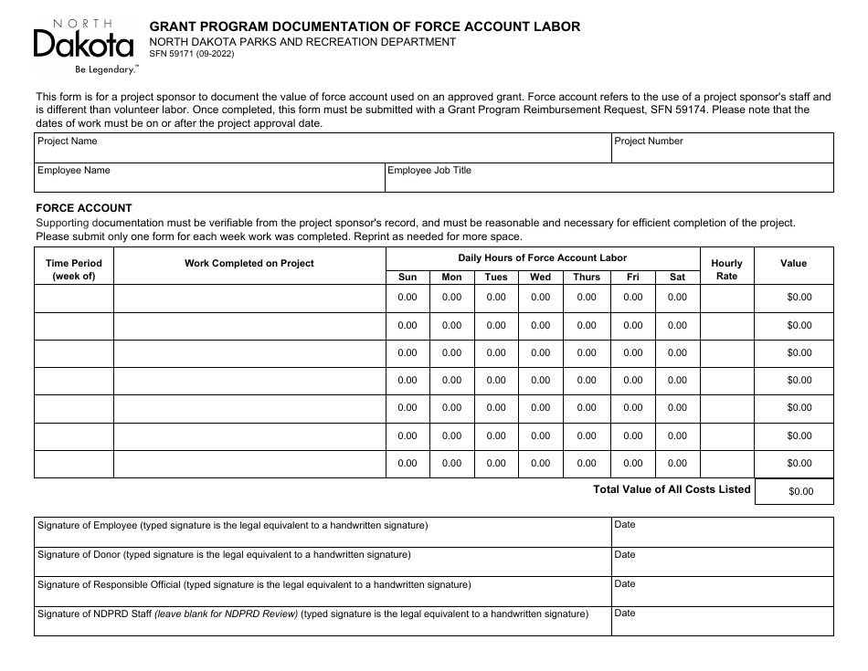 Form SFN59171 Grant Program Documentation of Force Account Labor - North Dakota, Page 1