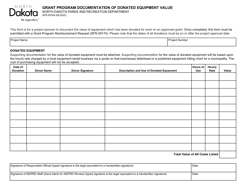Form SFN59169 Grant Program Documentation of Donated Equipment Value - North Dakota