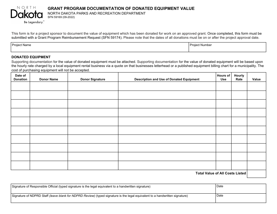 Form SFN59169 Grant Program Documentation of Donated Equipment Value - North Dakota, Page 1