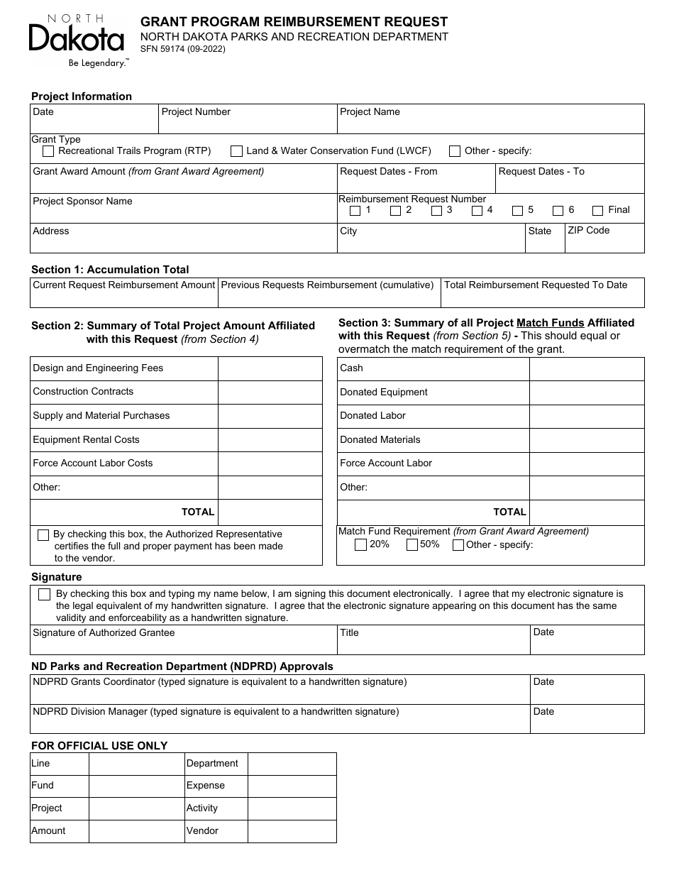 Form SFN59174 Grant Program Reimbursement Request - North Dakota, Page 1