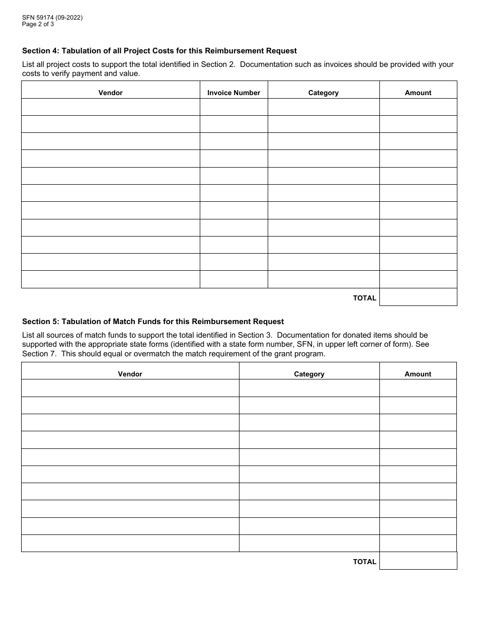 Form SFN59174 Grant Program Reimbursement Request - North Dakota, Page 2