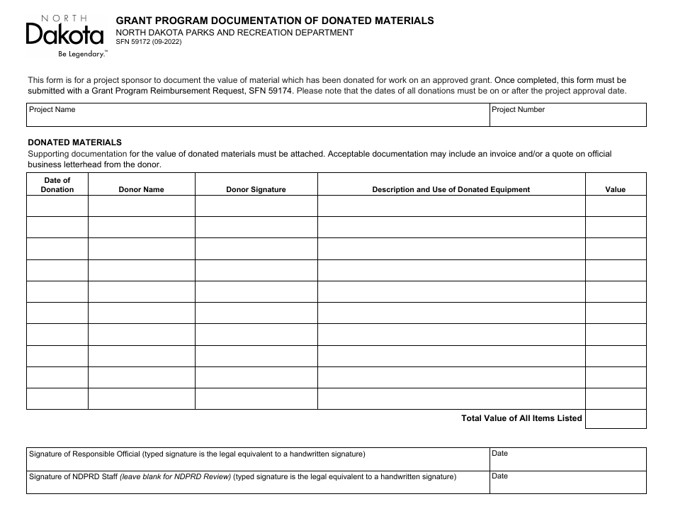 Form SFN59172 Grant Program Documentation of Donated Materials - North Dakota, Page 1