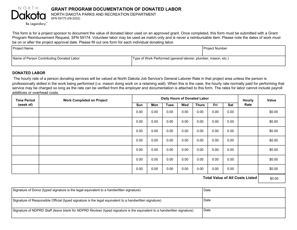 Form SFN59170 Grant Program Documentation of Donated Labor - North Dakota, Page 1