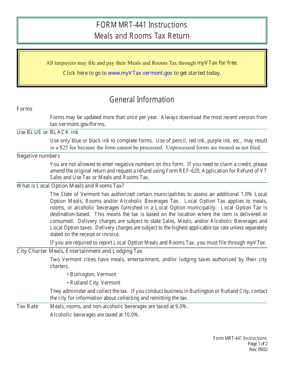Instructions for Form MRT-441 Meals and Rooms Tax Return - Vermont, Page 1