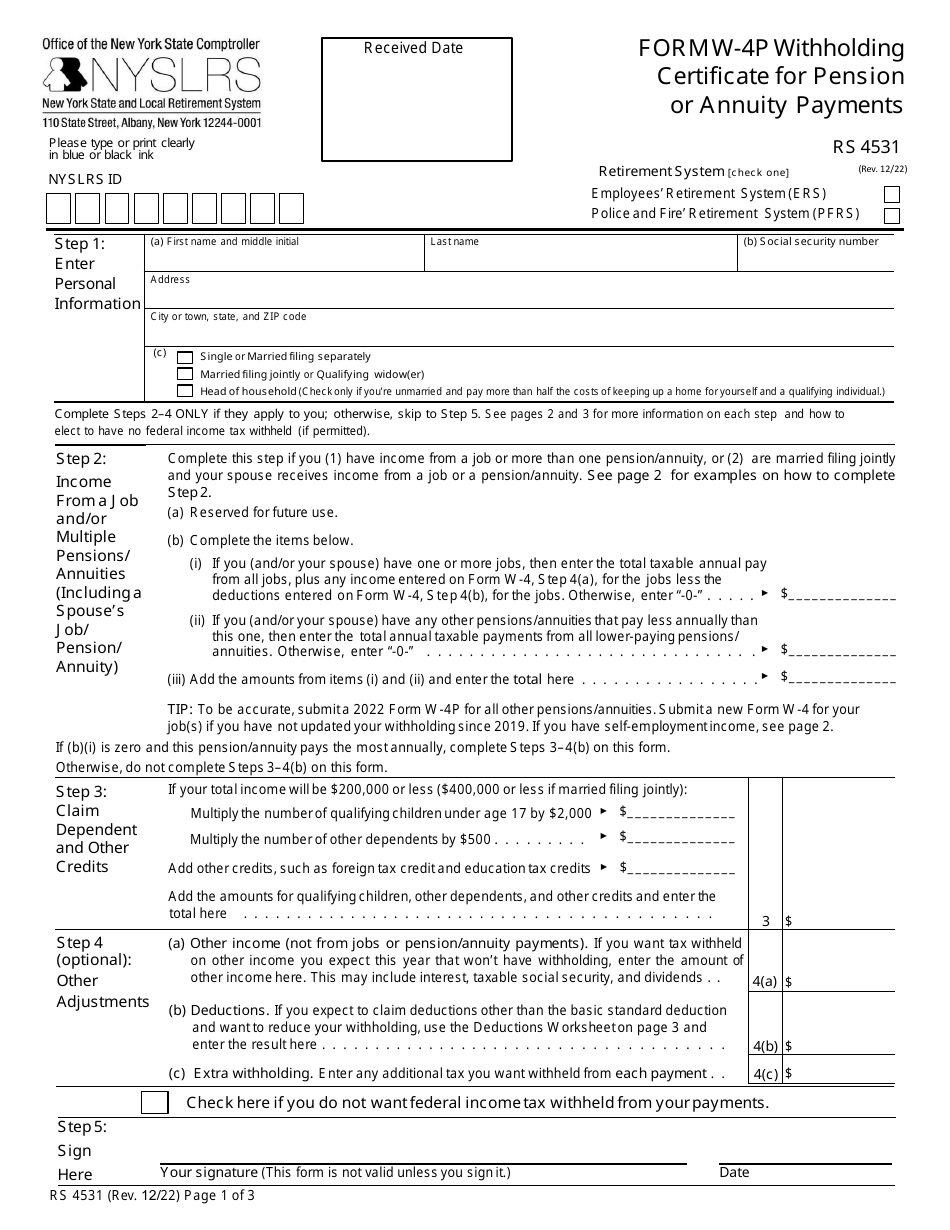 Form W-4P (RS4531) Withholding Certificate for Pension or Annuity Payments - New York, Page 1