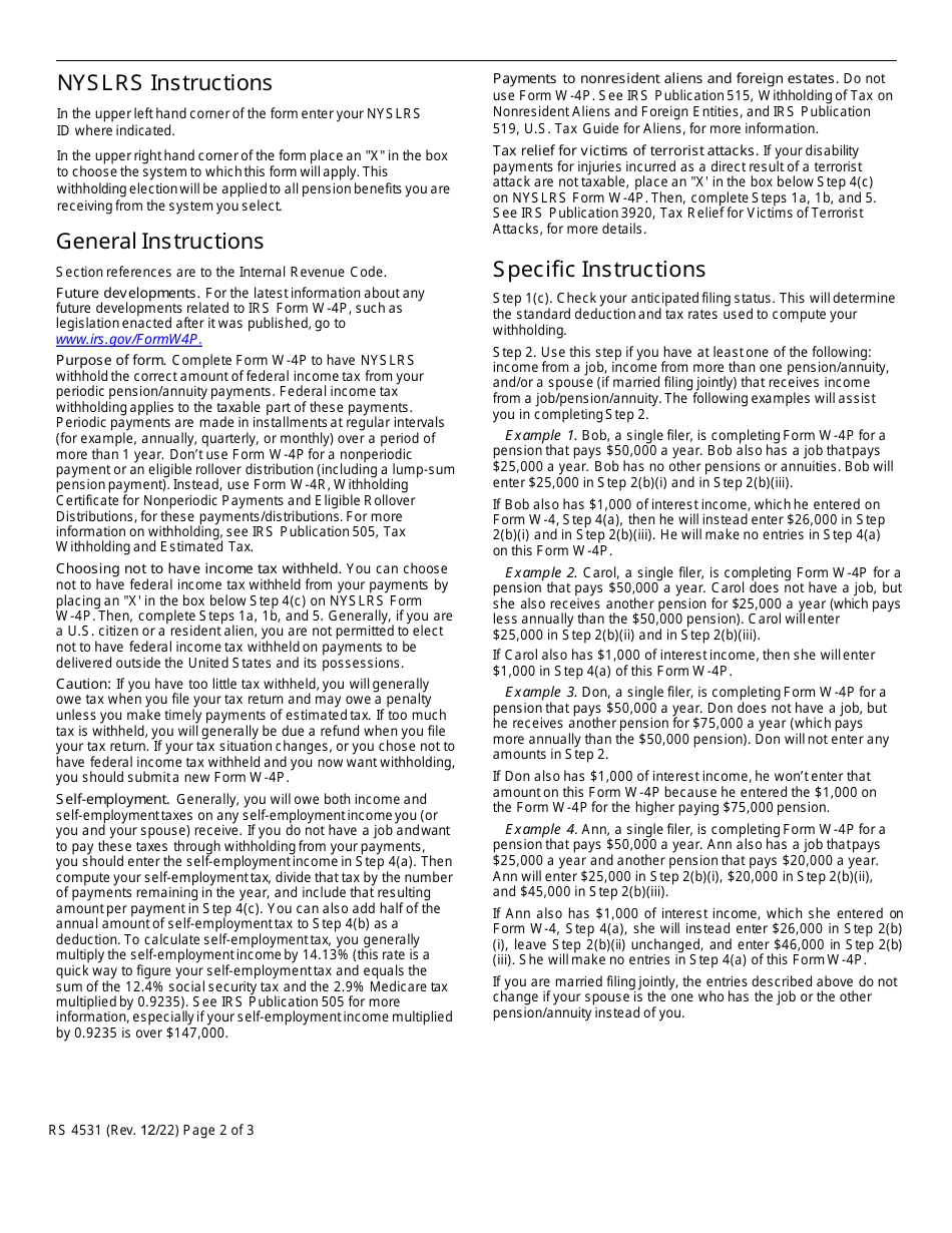 Form W-4P (RS4531) Withholding Certificate for Pension or Annuity Payments - New York, Page 2