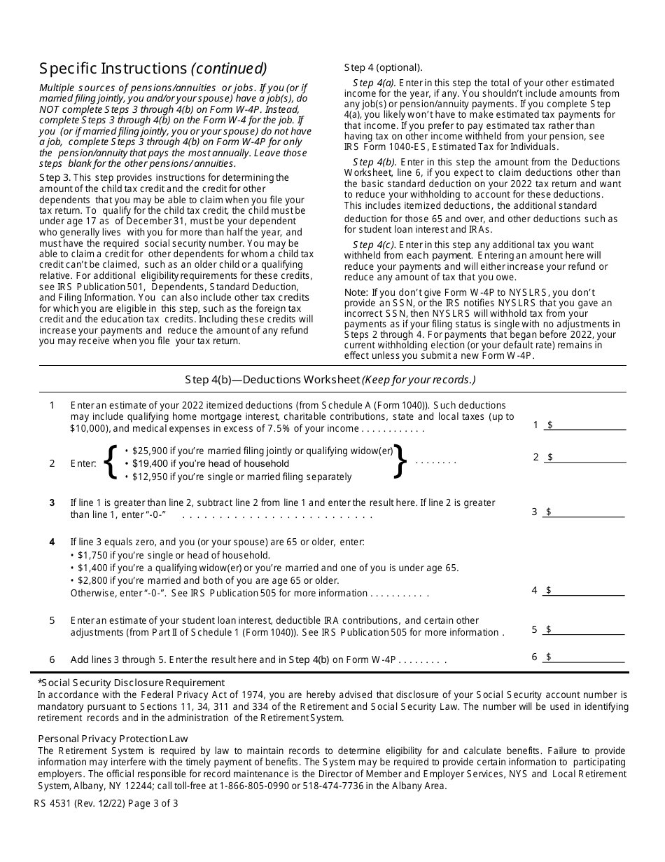 Form W-4P (RS4531) Withholding Certificate for Pension or Annuity Payments - New York, Page 3