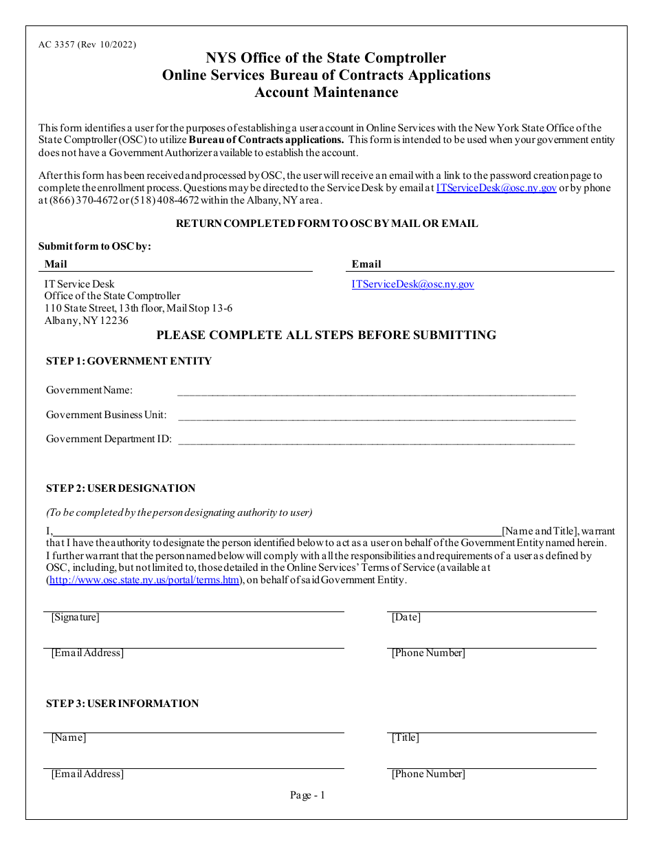 Form AC3357 Online Services Bureau of Contracts Applications Account Maintenance - New York, Page 1