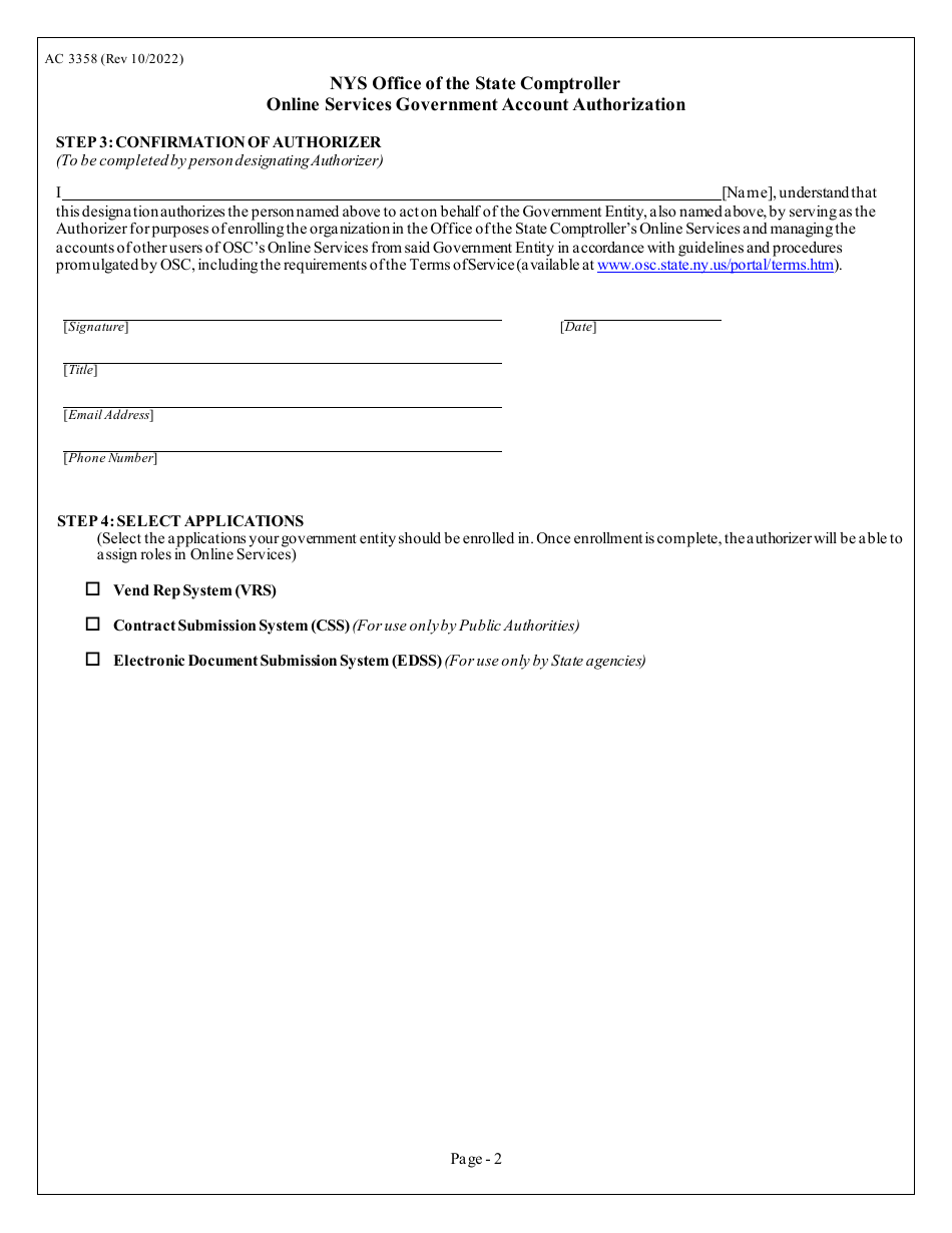 Form AC3358 Online Services Government Account Authorization - New York, Page 2