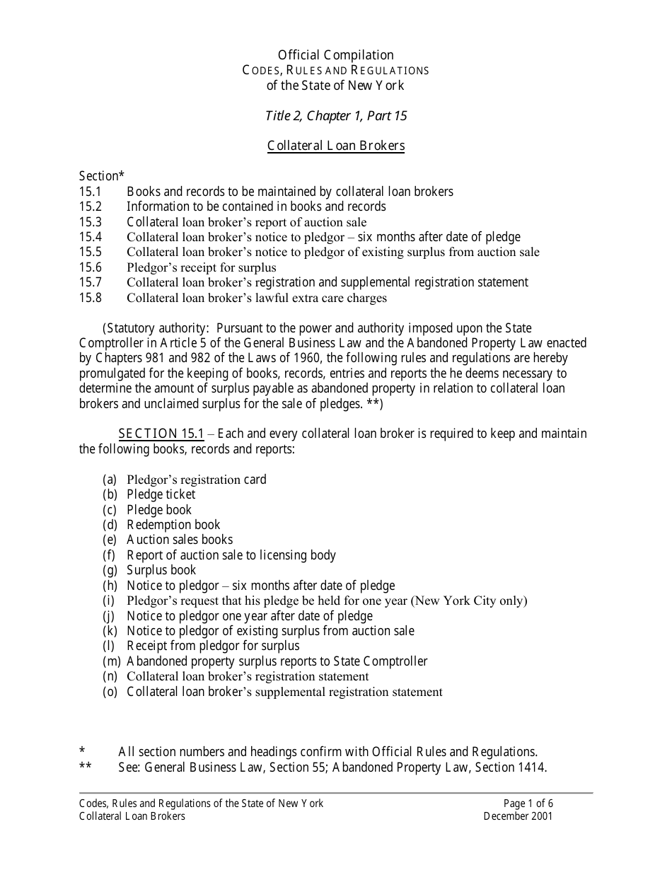 Collateral Loan Brokers Codes, Rules and Regulations - New York, Page 1