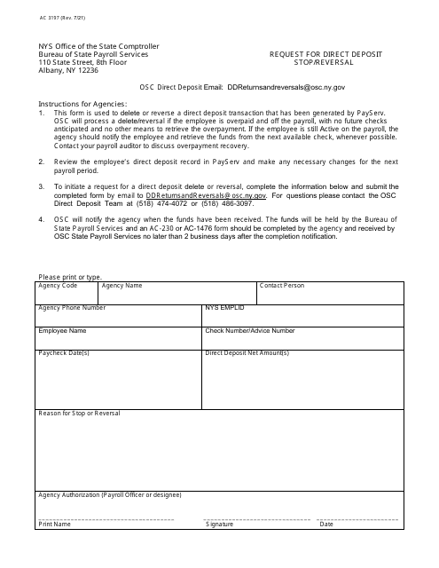 Form AC3197 Request for Direct Deposit Stop/Reversal - New York