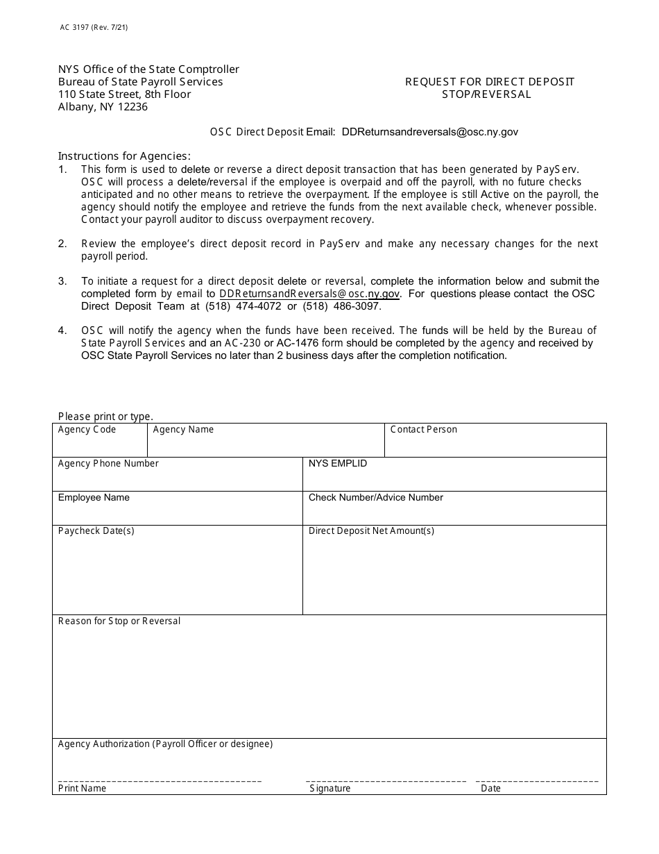 Form AC3197 Request for Direct Deposit Stop / Reversal - New York, Page 1