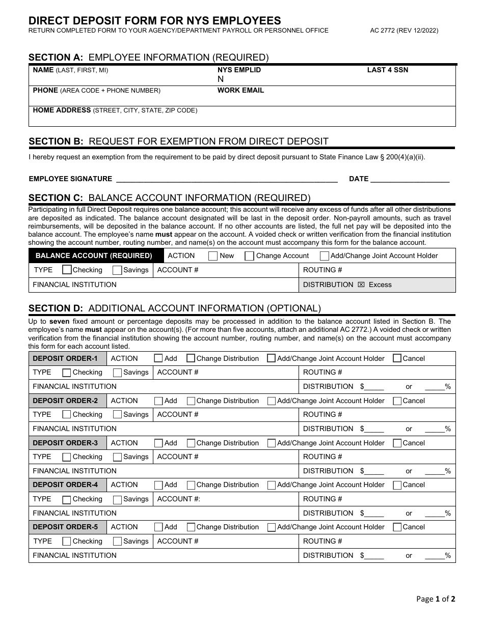 Form AC2772 Direct Deposit Form for NYS Employees - New York, Page 1