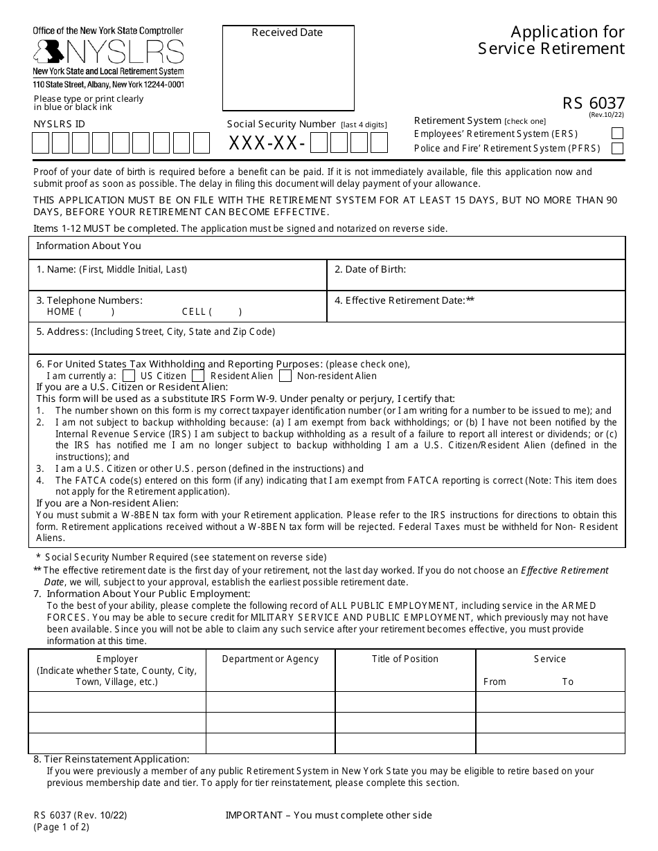 Form RS6037 Application for Service Retirement - New York, Page 1