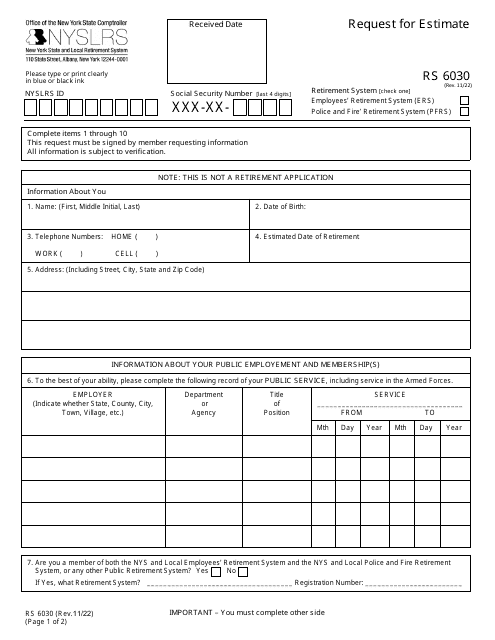 Form RS6030 Request for Estimate - New York