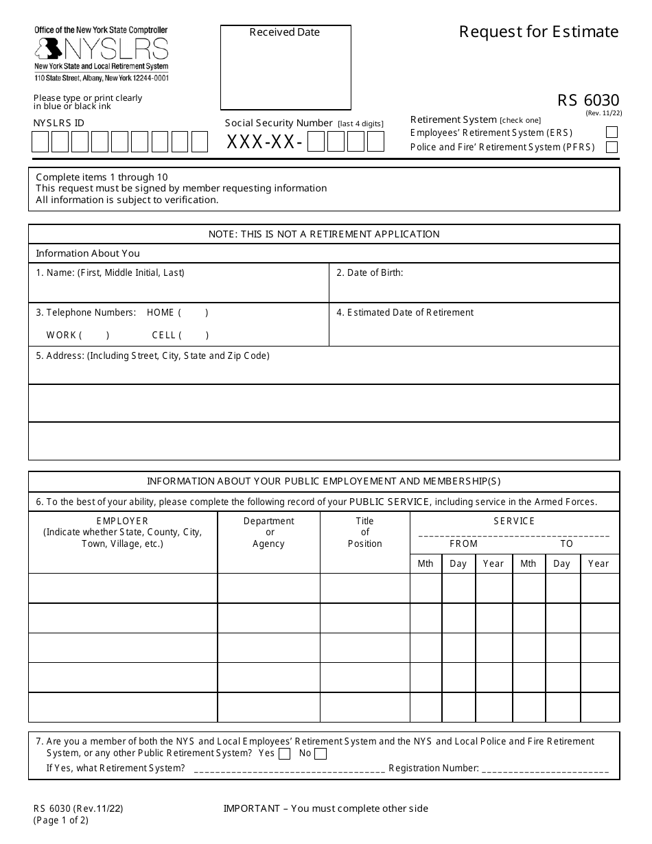 Form RS6030 Request for Estimate - New York, Page 1