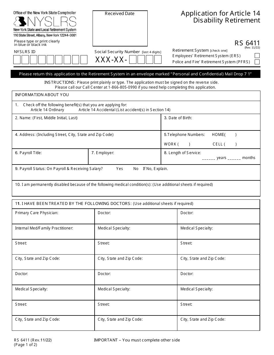 Form RS6411 Application for Article 14 Disability Retirement - New York, Page 1