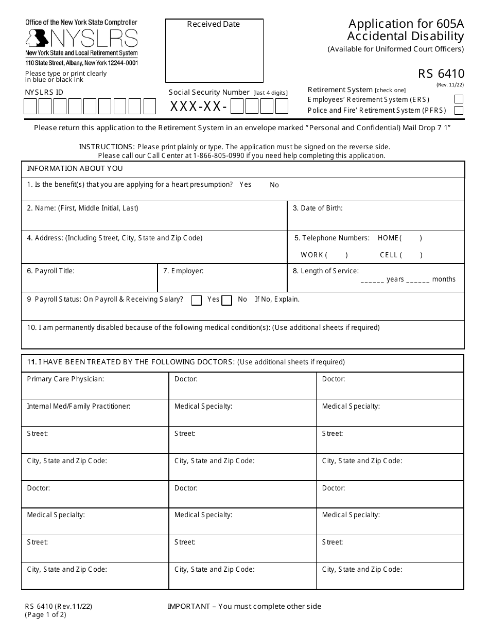 Form RS6410 Application for 605a Accidental Disability - New York, Page 1