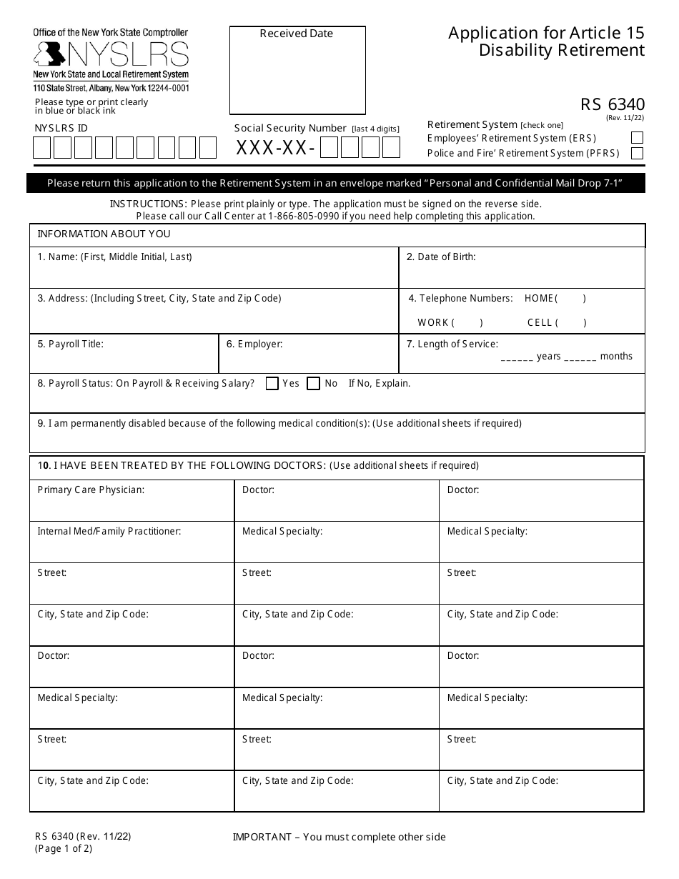 Form RS6340 Application for Article 15 Disability Retirement - New York, Page 1