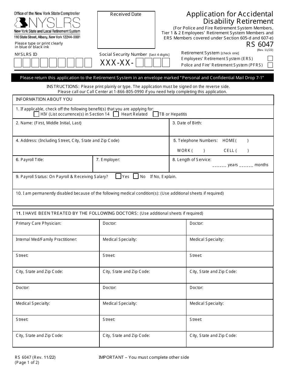 Form RS6047 Application for Accidental Disability Retirement - New York, Page 1